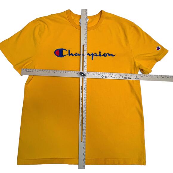 Vintage Champion Yellow 90s Spell Out Script Shirt Embroidered Logo - Picture 7 of 7
